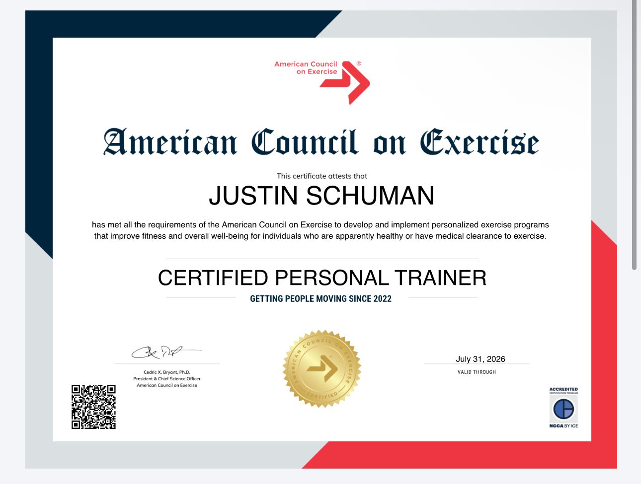 ACE Certified Personal Trainer certificate for Justin Schuman